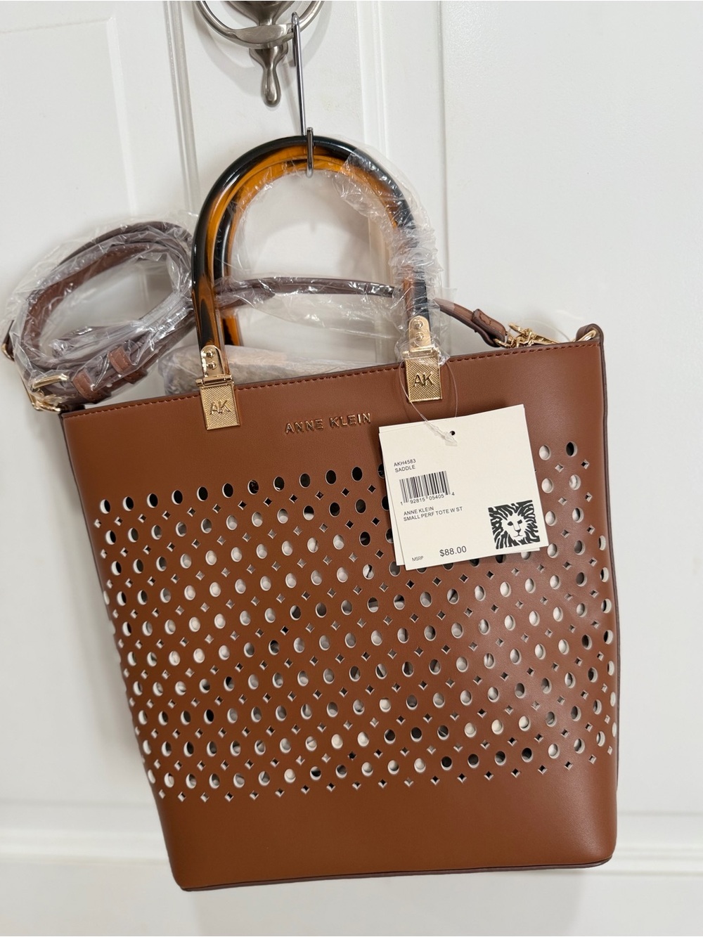 Anne Klein Cognac Perforated Tote with Gold Hardware